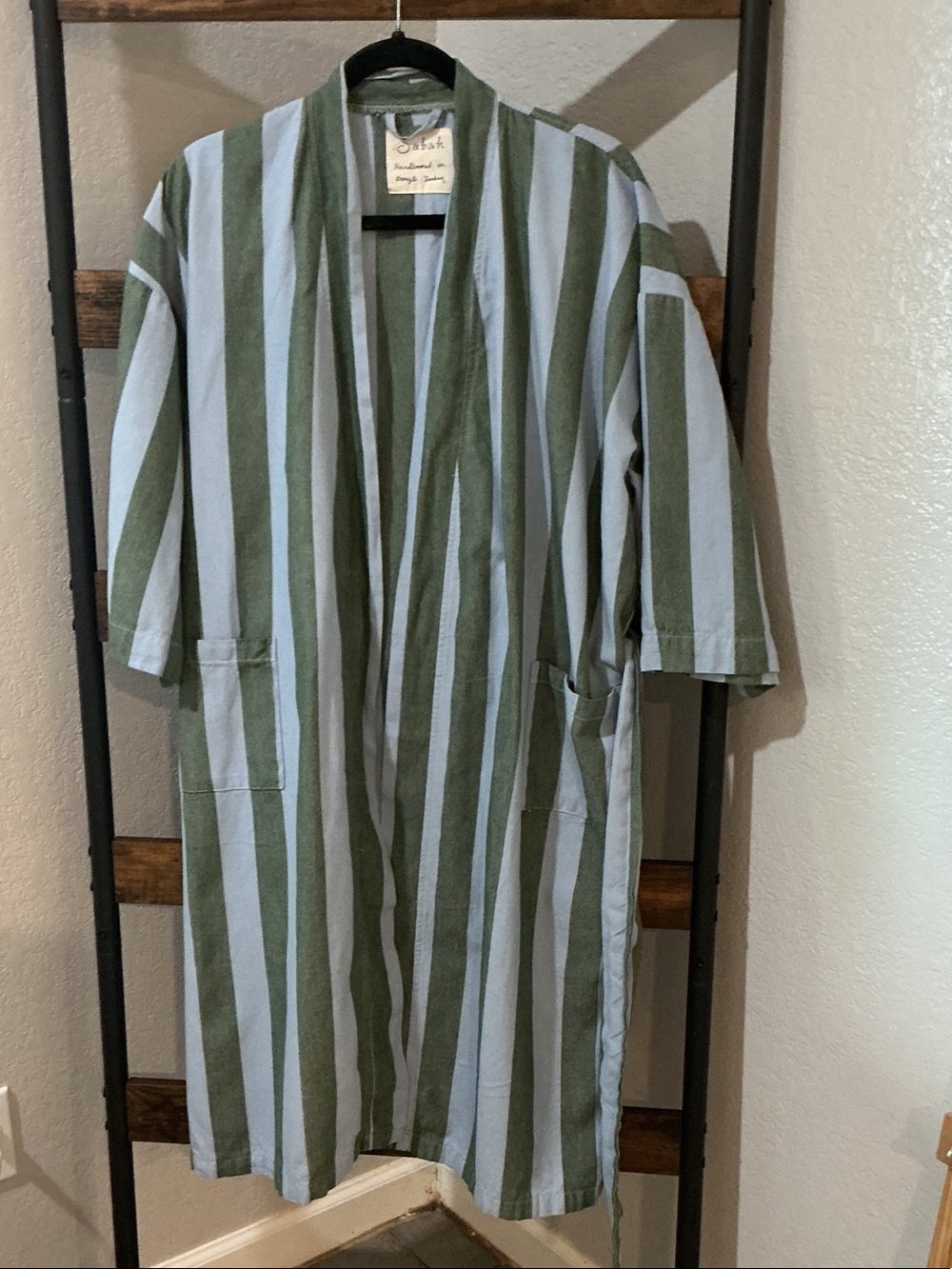 Sabah Olive and Light Blue Vertical-Stripe Open-Front Men’s Jacket